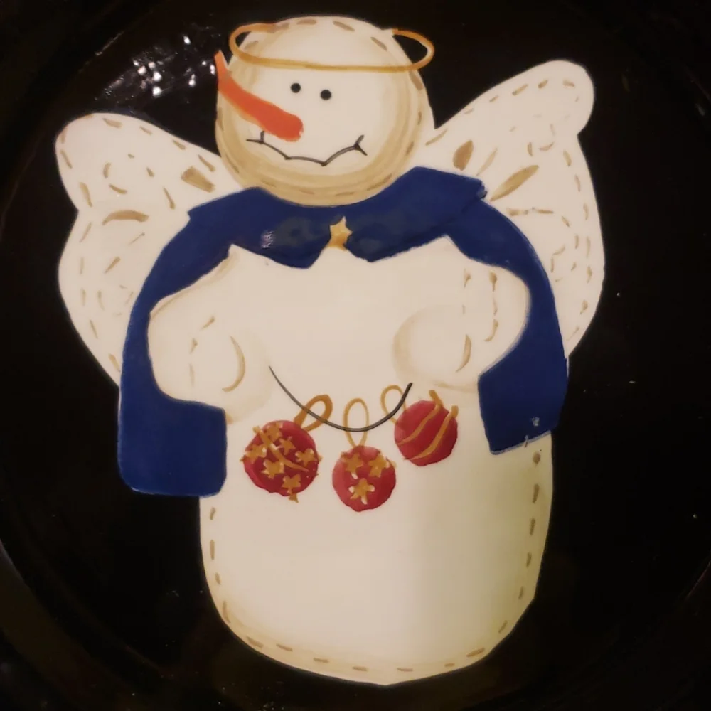 Vtg Set Of 4 Black Salad Dessert Plates Sonoma Snowman Angels